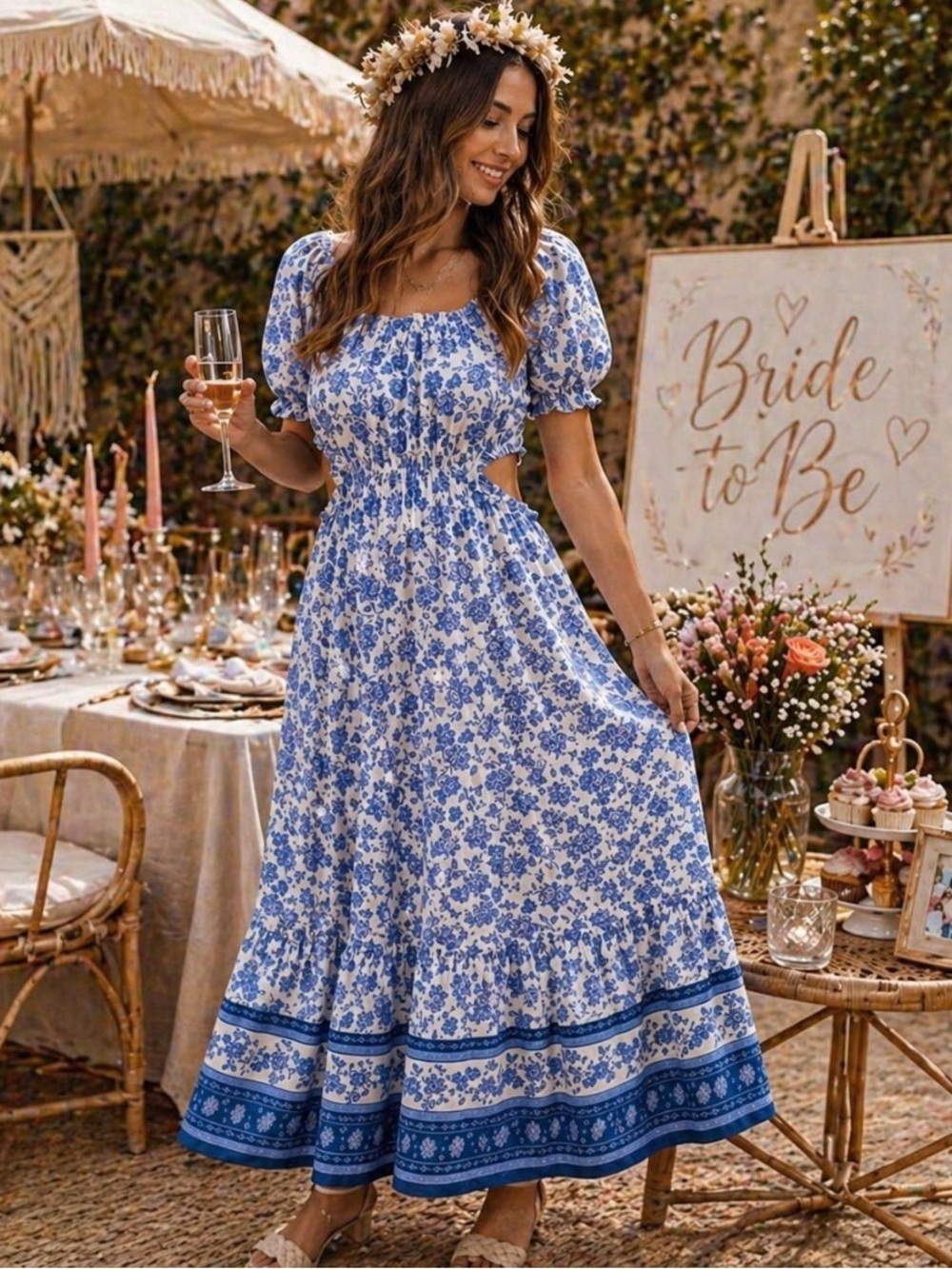 Blue Floral Maxi Dress with Puff Sleeves and Smocked Waist